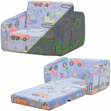 Load image into Gallery viewer, Toddler Couch 2-in-1 Glow in The Dark - Convertible Kids Sofa Chair to Lounger, Soft Plush Fold-Out Sofa Bed with Side Pocket, Washable Cover, Safe Non-Toxic Furniture for Boys Girls (Blue Car)