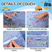 Load image into Gallery viewer, Toddler Couch 2-in-1 Glow in The Dark - Convertible Kids Sofa Chair to Lounger, Soft Plush Fold-Out Sofa Bed with Side Pocket, Washable Cover, Safe Non-Toxic Furniture for Boys Girls (Blue Car)
