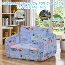 Load image into Gallery viewer, Toddler Couch 2-in-1 Glow in The Dark - Convertible Kids Sofa Chair to Lounger, Soft Plush Fold-Out Sofa Bed with Side Pocket, Washable Cover, Safe Non-Toxic Furniture for Boys Girls (Blue Car)

